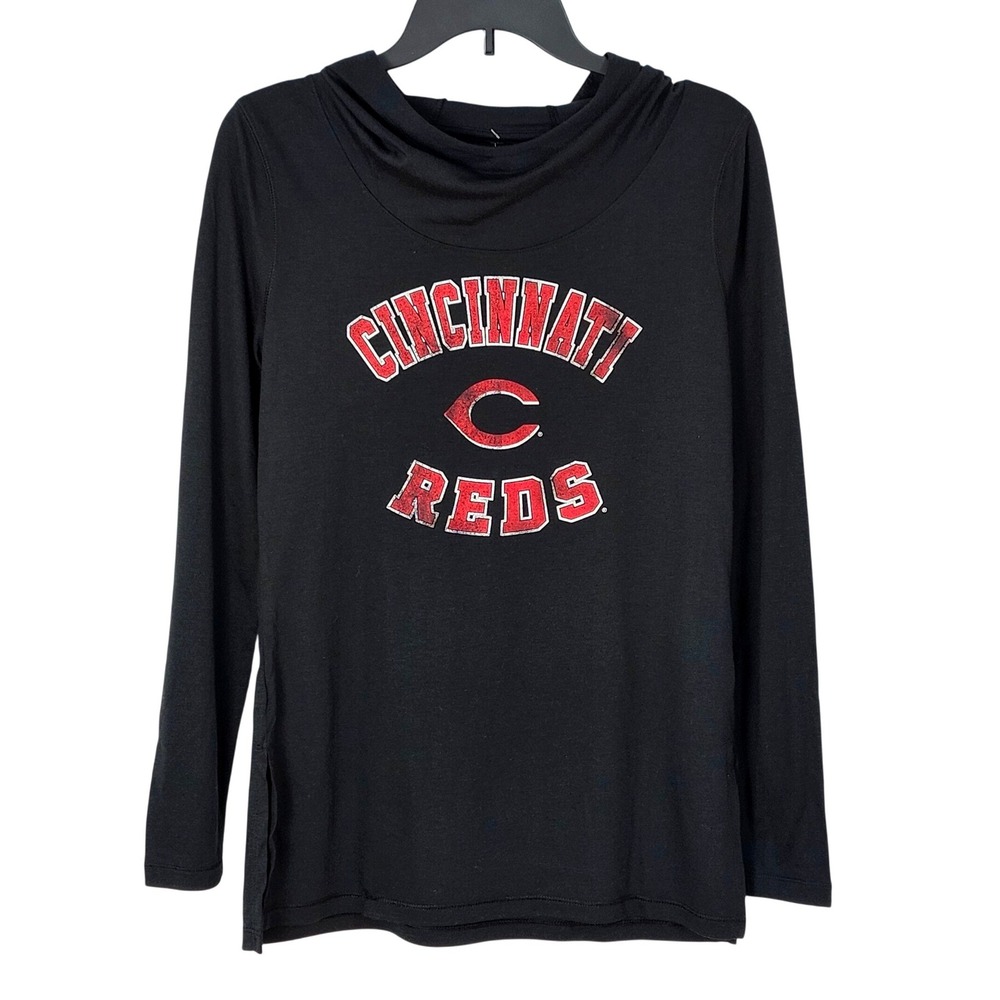 NEW Cincinnati Reds Hooded Long Sleeve Shirt Womens Small Black Campus Lifestyle